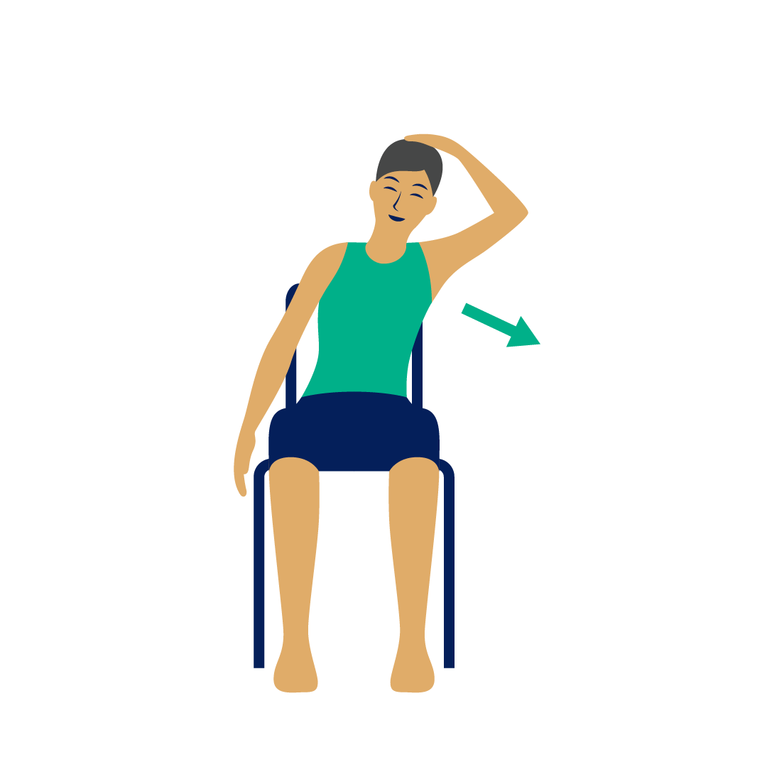 Illustration: Frau sitzt auf einem Stuhl. Hand greift über den Kopf an das andere Ohr. Zieht sanft den Nacken in die entgegengesetzte Richtung.