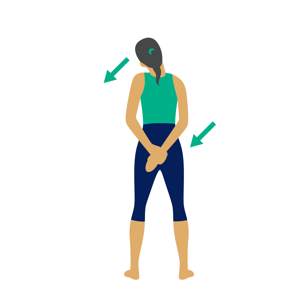 Illustration: Frau steht aufrecht. Hände hinter dem Rücken sind zusammen. Arme in die eine Richtung bewegen, Kopf in die andere. Dabei tief durchatmen.