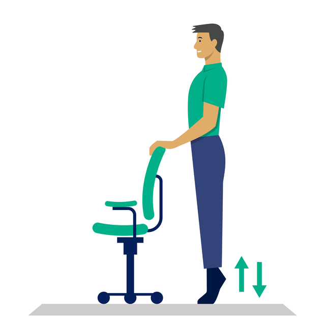 Illustration: Mann steht hinter Stuhl, mit Händen auf der Rückenlehne. Stellt sich auf Zehenspitzen und senkt wieder ab.