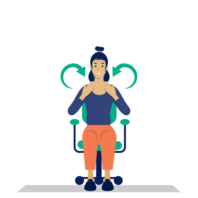Illustration: Frau sitzt auf einem Stuhl. Kreist ihre Schultern.