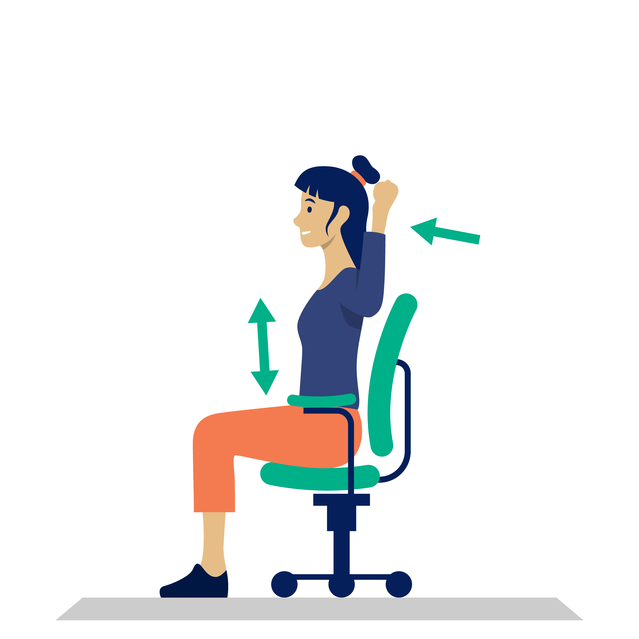 Illustration: Frau sitzt auf einem Stuhl. Hält Arme in einer “Hände-hoch-Stellung”.