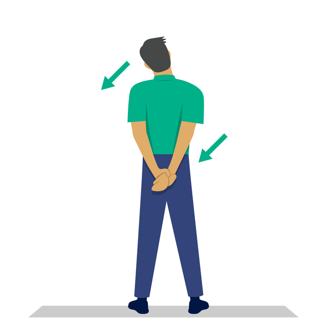Illustration: Mann steht. Hände hinter dem Rücken sind zusammen. Nacken und Hände gehen entgegengesetzte Richtungen.