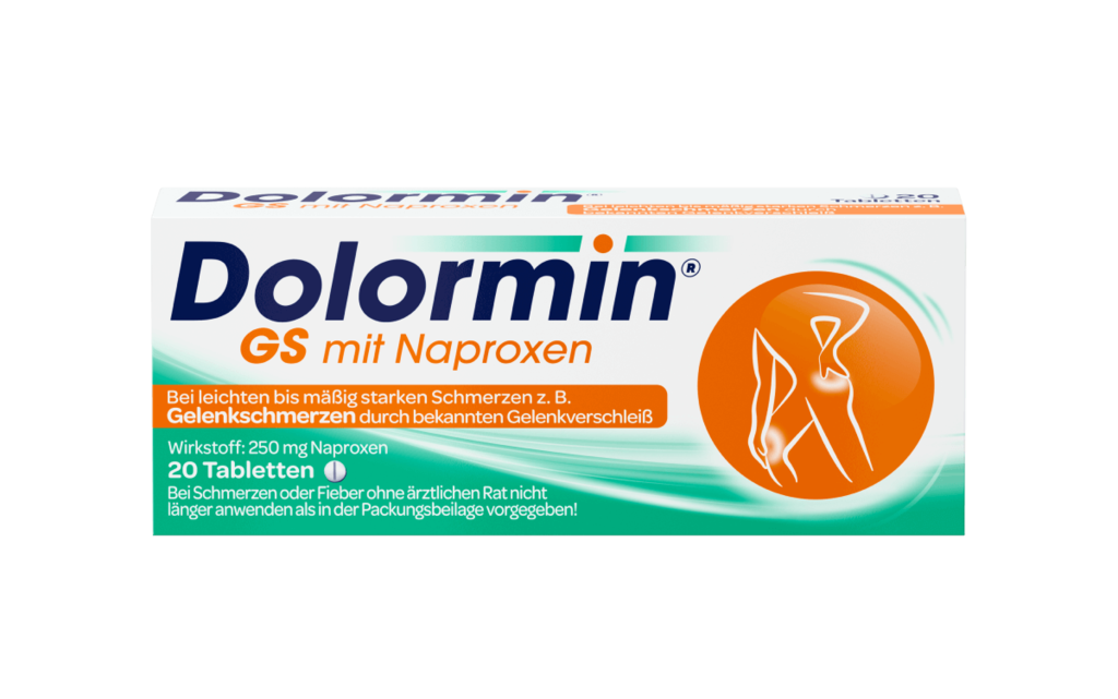 Vorderseite der Verpackung von Dolormin GS mit Naproxen mit 20 Tabletten