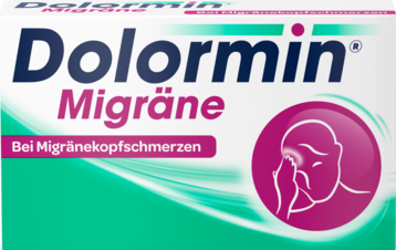 Vorderseite der Dolormin Migräne Verpackung mit 20 Filmtabletten